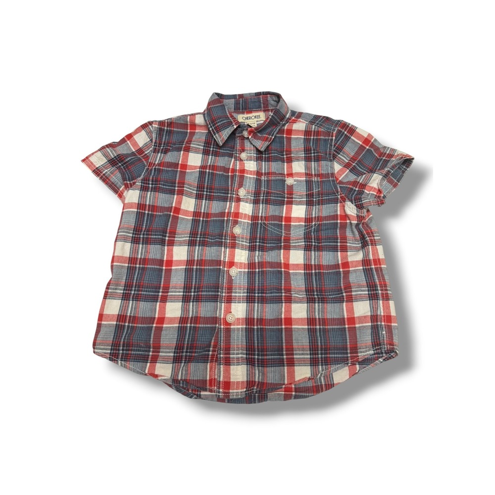 Cherokee Boys Red White Blue Plaid Short Sleeve Button Down Shirt XS 4/5